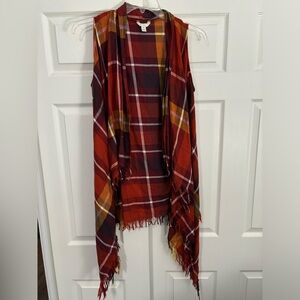 Cato XS Red/Yellow/Orange Flannel-Print Tank-Top Sleeve Cardigan